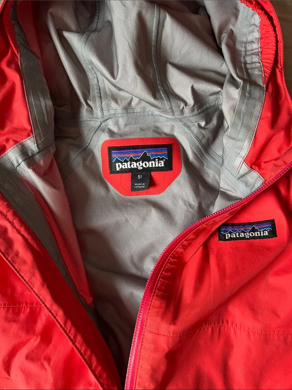 Patagonia Kids Coral-Red Hooded Raincoat with Reflective Trim